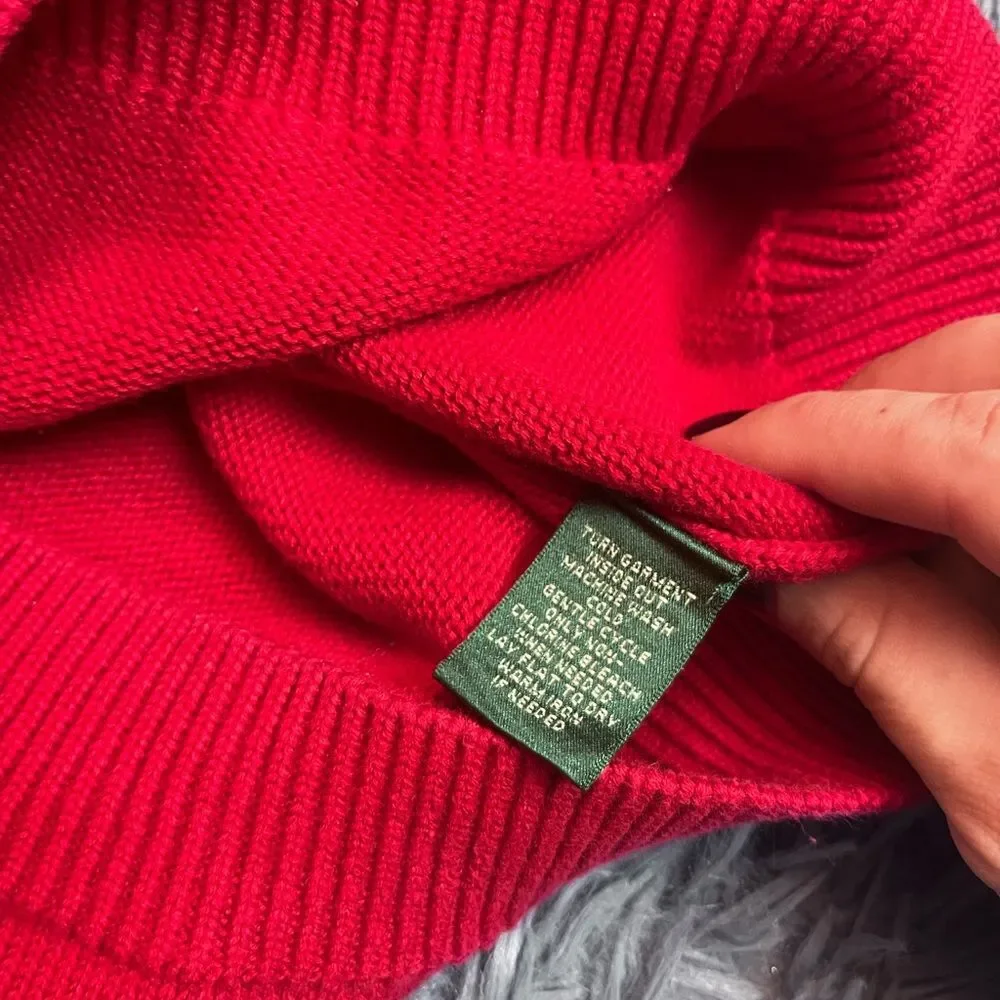 Lauren By Ralph Lauren Red Shawl Collar Sweater Gold Loop Horn Size M